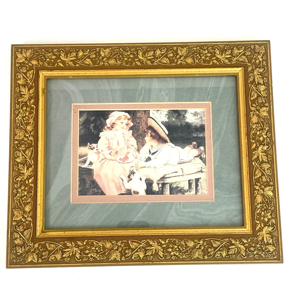 Vintage Victorian Children Dogs Art Print Ornate Gold Floral Frame double matted